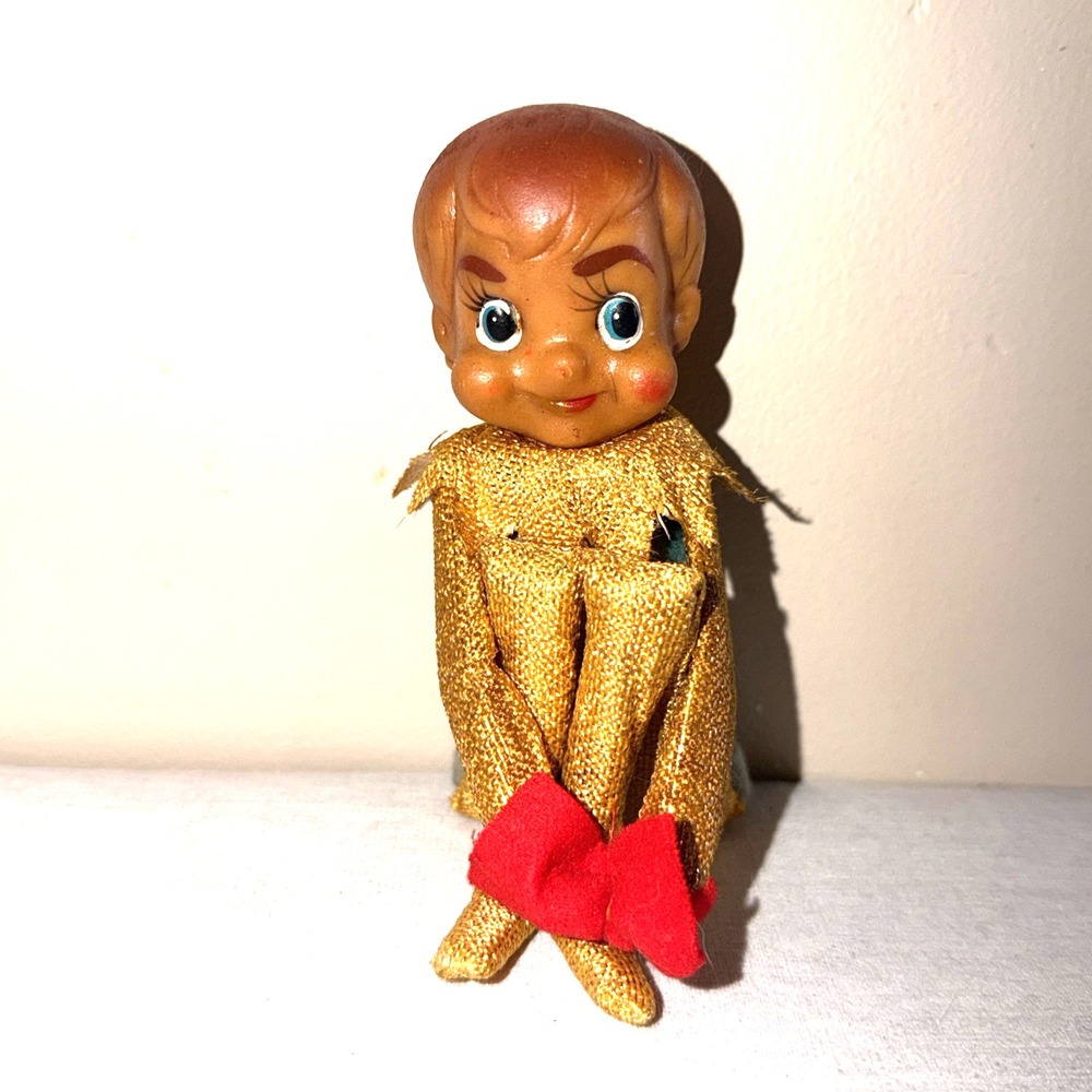 Vintage 10" Elf KNEE HUGGER w/Rubber Head, Sparkly Gold Outfit/Green Felt Body